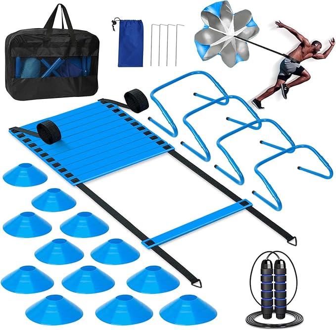 Agility Ladder, Soccer Training Equipment Set, 4 Agility Hurdles, 20ft Speed Ladder, Running Parachute, 12 Football Cones, Jump Rope | Soccer Basketball Athletes Speed Training-StrideForce Fitness