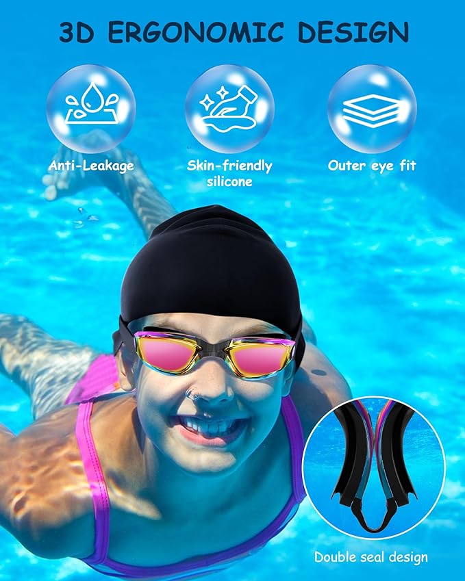 Kids Swim Goggles, Swimming Goggles for Kids Toddlers 3-14 with Swim Cap, Nose Clip, Nose Bridge, Ear Plugs-StrideForce Fitness