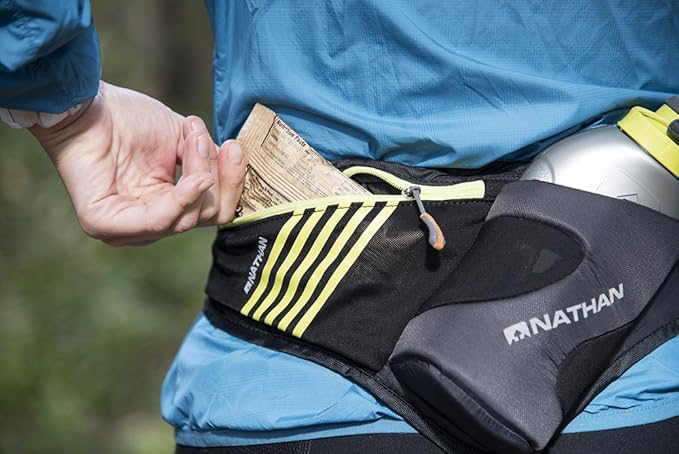 Nathan Peak Running Hydration Waist Pack Belt w/ Speed Draw Flask Water Bottle, 18oz/535 ml Push/Pull Race Cap, Expandable Zippered Stretch Pocket-StrideForce Fitness