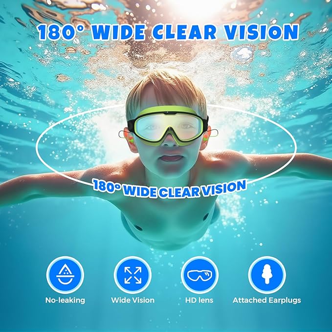 Swim Goggles for Kids 3-15 with Earplugs Large Frame Anti-Fog/UV Swimming Goggles for Boys Girls Toddler 2PCS-StrideForce Fitness