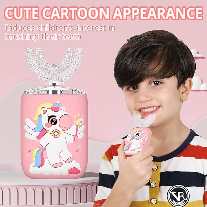 Kids Electric U Shaped Toothbrush Unicorn Rechargeable Sonic Toothbrush with 4 Soft Brush Heads with Kid Toothpaste IPX7 Waterproof - (Age 8-15, Pink)
