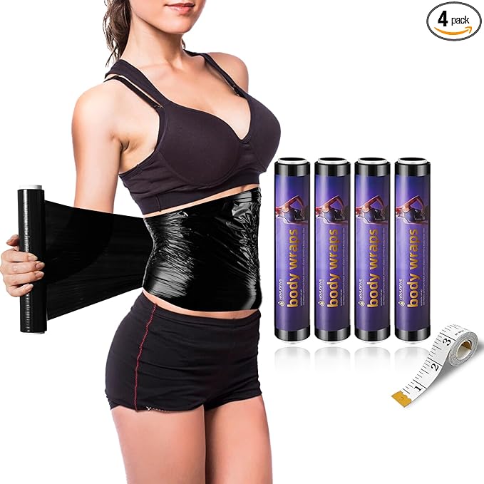 60 Meters Black Osmotic Plastic Body Wrap, Workout & Sweat Enhancer Stomach Film Body Applicator Power Wrap (4 Rolls)-StrideForce Fitness