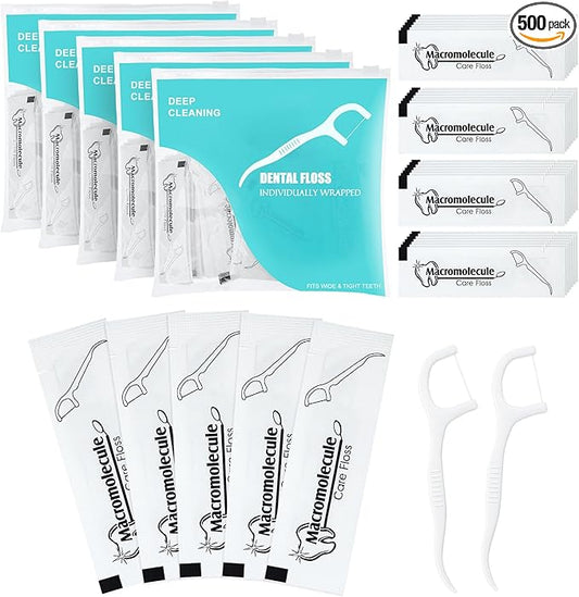 Individually Wrapped Dental Floss Picks Bulk Disposable Flossing Sticks Teeth Cleaning and Oral Care Travel Size Dental Tooth Floss Pack for Hotels, Weddings, Guests & Business Single Use (500 Pack)