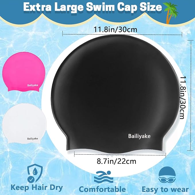 3 Pack Extra Large Swim Cap for Braids & Dreadlocks - Waterproof Silicone Swim Hat for Women with Long Thick Hair, Protective Swim Cap Cover Ears for Swimming, Shower, Bathing-StrideForce Fitness