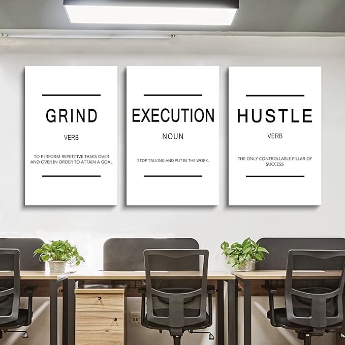 Framed Canvas Wall Art Success Quote, Office Wall Art, Black Large Poster, Positive Motivational Set of 3 Prints, Grind Execution Hustle Poster, Inspirational Print (C-3pcs,24x36inchx3pcs)-StrideForce Fitness