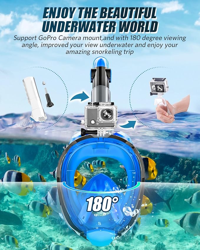 QingSong Full Face Snorkel Mask for Adults, Snorkeling Gear with Camera Mount, 180 Degree Panoramic View Snorkel Set Anti-Fog Anti-Leak-StrideForce Fitness