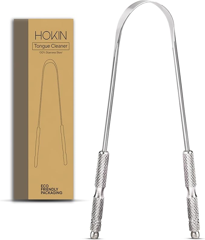 Tongue Scraper for Adults by HOKIN (1Pc Oral Care Pack) Stainless Steel Tongue Cleaners Reduce Bad Breath 100% Metal Tough Scrapers Men and Women Hygiene