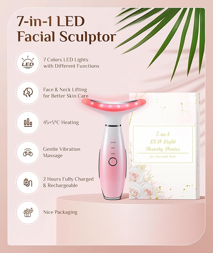 7 Color Galvanic Machines - Red Light Therapy for Face and Neck, Face Massager Tool for Wrinkles, Double Chin, Vibrating Facial Massager with Thermals, Pink-StrideForce Fitness