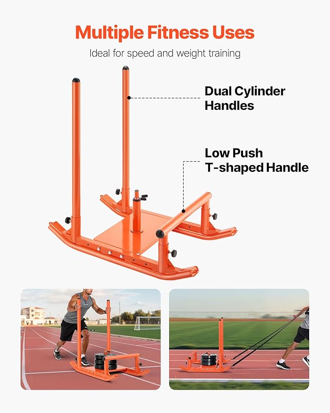 VEVOR Weight Sled, Steel Power Sled, Fitness Strength Training Sleds for Athletic Exercise Speed Improvement, Workout Fitness Equipment with Handle, Compatible with 1/2 in Weight Plates, Orange-StrideForce Fitness