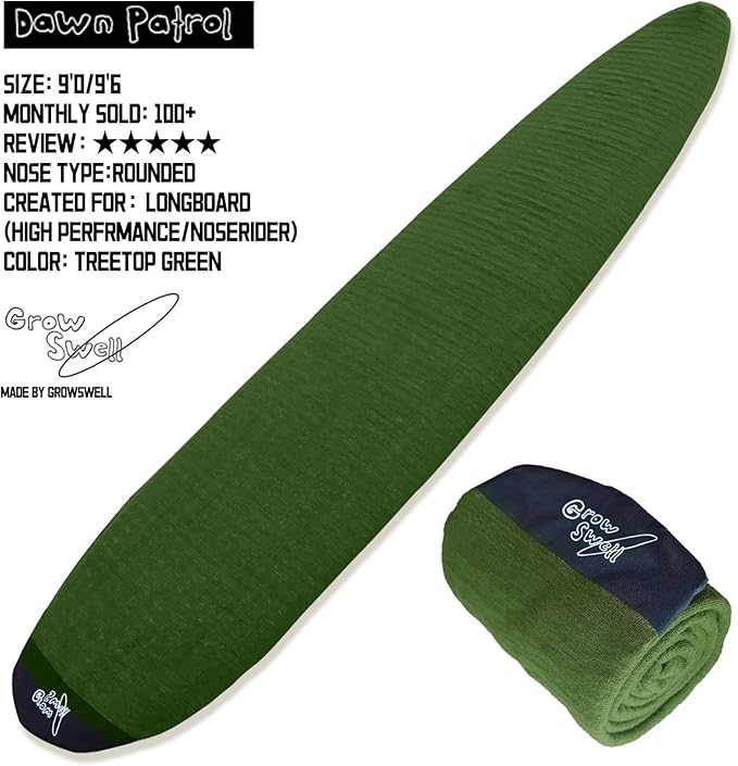 GrowSwell fabric Sock for Surfboard, Treetop Green Surfboard Cover, Surfboard Protection from Scratches, Dings, Wax, UPF 50+ proteciton, Keep 30°F cooler when covered-StrideForce Fitness