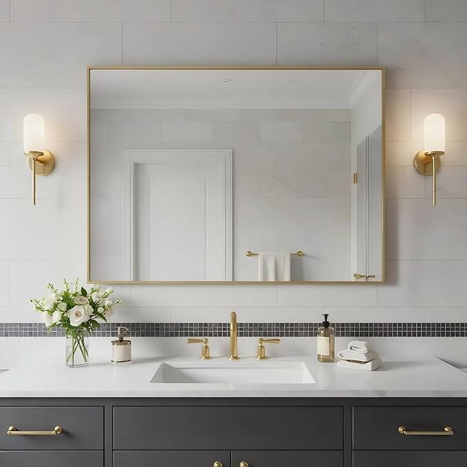 24x36 Inch Brass Bathroom Mirror for Wall, Aluminum Frame Rectangle Rectangular Vanity Mirror, Modern Large for Bedroom, Living Room, Horizontal or Vertical-StrideForce Fitness
