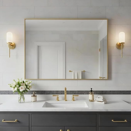 24x36 Inch Brass Bathroom Mirror for Wall, Aluminum Frame Rectangle Rectangular Vanity Mirror, Modern Large for Bedroom, Living Room, Horizontal or Vertical-StrideForce Fitness