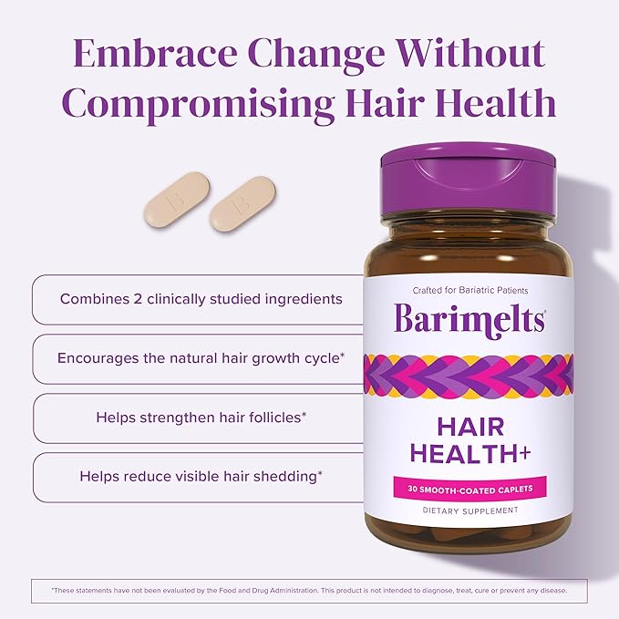 Barimelts Hair Health+ for GLP-1 Users and Bariatric Patients - Hair Growth Supplement Helps Reduce Visible Hair Thinning - 30 Smooth-Coated Caplets (1-Month Supply)-StrideForce Fitness