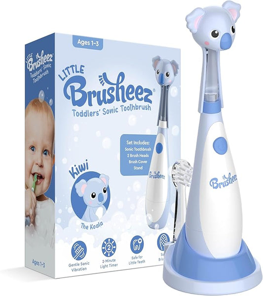Brusheez Little Toddlers’ Sonic Toothbrush - Safe & Gentle Toothbrush for Ages 1-3 with Built-in, Light-Up 2-Minute Timer, Extra Brush Head, & Storage Base for First-Time Brushers (Kiwi The Koala)