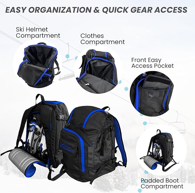 Savvycraft Ski Boot Bag, 50L Ski Backpack for Ski and Snowboard Boots, Helmets, Gloves, and Accessories, Lightweight Durable Convenient, Blue-StrideForce Fitness