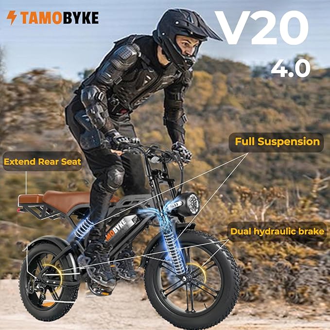 V20 4.0 Electric Bike for Adults,28/30Mph Max Speed,48V15.6Ah Battery,25-68 Miles Max Range, Dual Hydraulic Brakes Ebike,Turning Light, Electric Bike for Commute/Offroad/Rain/Snow Riding.-StrideForce Fitness