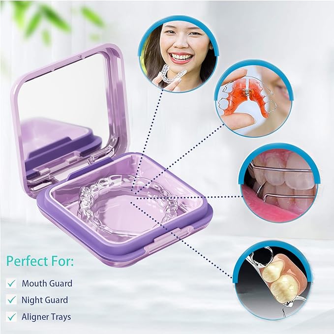 Retainer Case,Cute Mouthguard Case with Mirror,Slim Night Mouth Guard Case with Lid Hinge,Aligner Case,Inner Size 2.56, 2.36, 0.79inch