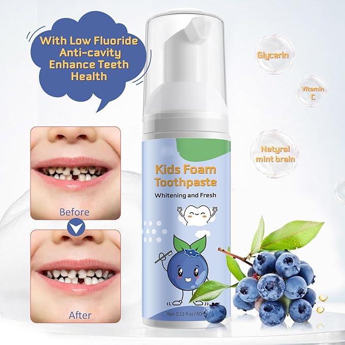 Foam Toothpaste Kids 2PCS, Toddler Toothpaste Cavity Protection, Clean and Whitening, 360ºCare, Portable, Kids Foam Toothpaste with Fluoride for Electric & U-Shape Toothbrushes (Blueberry)