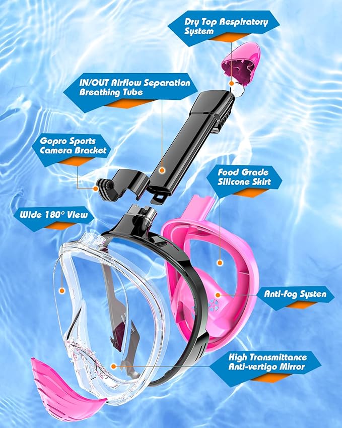 QingSong Full Face Snorkel Mask for Adults, Snorkeling Gear with Camera Mount, 180 Degree Panoramic View Snorkel Set Anti-Fog Anti-Leak-StrideForce Fitness