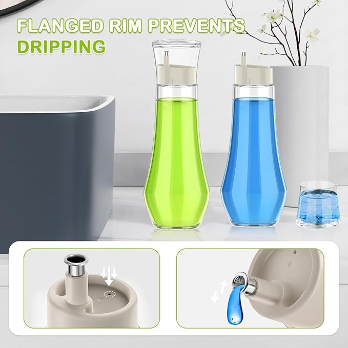 Glass Mouthwash Dispenser for Bathroom, 8.8 oz Refillable Mouthwash Container With Lid Cup, Small Clear Mouthwash Bottle for Countertop