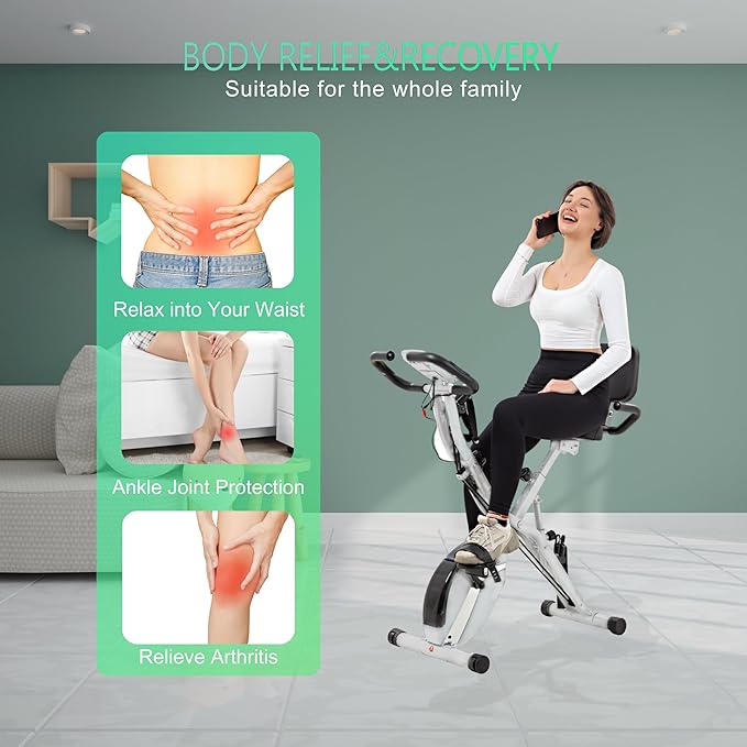 BARWING Stationary Exercise Bike for Home Workout, 5 IN 1 Foldable Indoor Cycling Bike for Seniors, 350LB Capacity, 16-Level Magnetic Resistance, Seat Backrest Adjustments-StrideForce Fitness