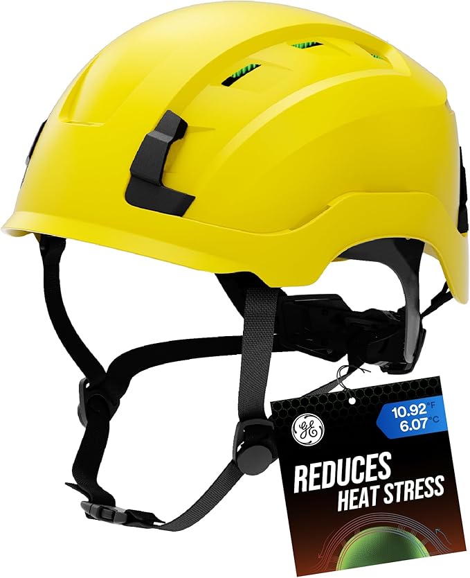 GE Safety Helmet, Impact Absorbing Tech, Adjustable Ratchet, ANSI Type 1, Memory Foam Padding, Hard Hats Protection, Lightweight, Durable, Chin Strap, Comfortable Fit OSHA Approved-StrideForce Fitness
