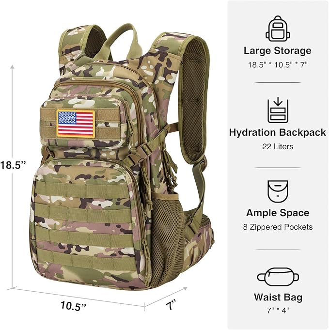 22L Tactical Hydration Backpack with 3L Water Bladder, Lightweight Molle Water Bag for Men Women, Hiking Hydration Pack for Cycling Running Biking Hunting, Daypack with Waist Pocket, Camo-StrideForce Fitness