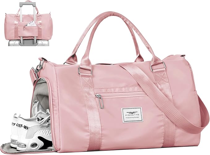 FIORETTO Womens Gym Tote Duffle Bag with Wet Pocket & Shoe Compartment, Sports Duffel Overnight Weekender Hospital Workout Carry on Bag for Girls, Ideal for Travel, Swimming, Dance, Ballet Pink-StrideForce Fitness
