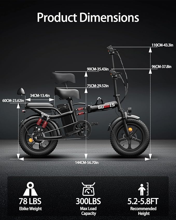 2 Seater Electric Bike for Adults,Mini Bike 500/750 Motor,28MPH,48V/15AH Removable Battery,25-30Miles 16" Fat Tire Commuter Ebike,Full Suspension Foldable Electric Bicycles for Adults Teens-StrideForce Fitness