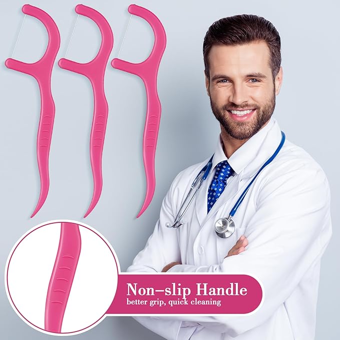 Baderke 200 Count Floss Picks Bulk Non Breakable Tooth Picks Flosser Dental Floss Sticks for Adults Teeth Cleaning Dental Flossers for Family Pack Travel(Hot Pink)