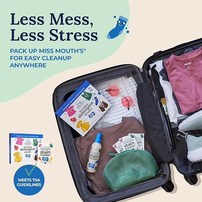 Miss Mouth's Messy Eater Laundry Detergent Sheets - 120 Loads Travel Friendly Detergent Sheets - Hypoallergenic, Sensitive Skin Safe, Pediatrician and Dermatologist Tested, Fragrance Free