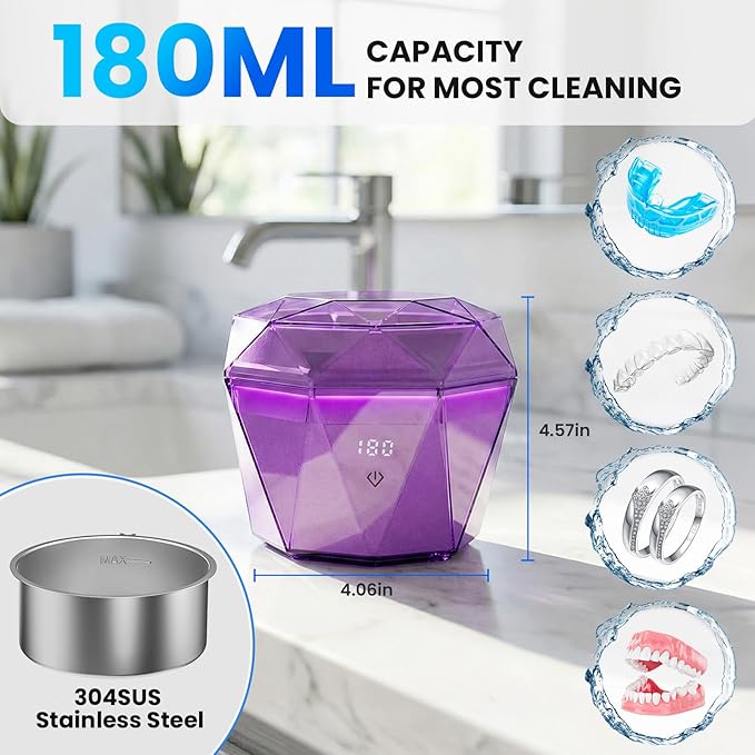 Rechargeable Ultrasonic Cleaner with 2*2000mAh Battery, 18±3W Denture Cleaner Machine| 43±5KHz Sonic, Digital Timer, U-V-C Light, Dental Retainer Cleaning Pod for Invisalign Mouthguard Braces Jewelry
