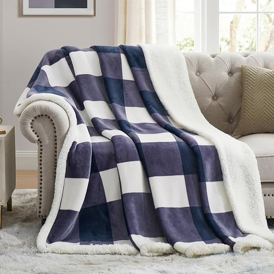 PU MEI Sherpa Blanket Fleece Throw Blanket Twin Plaid Thick Bed Blanket, Soft Warm Cozy Blue Checkered Throw Blanket 60"*80"-StrideForce Fitness