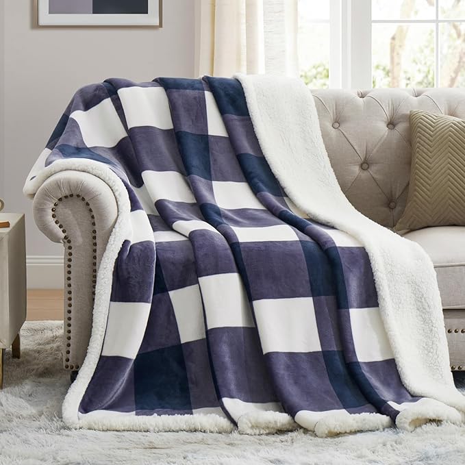 PU MEI Sherpa Blanket Fleece Throw Blanket Full Queen Plaid Thick Bed Blanket, Soft Warm Cozy Blue Checkered Throw Blanket 80"*90"-StrideForce Fitness