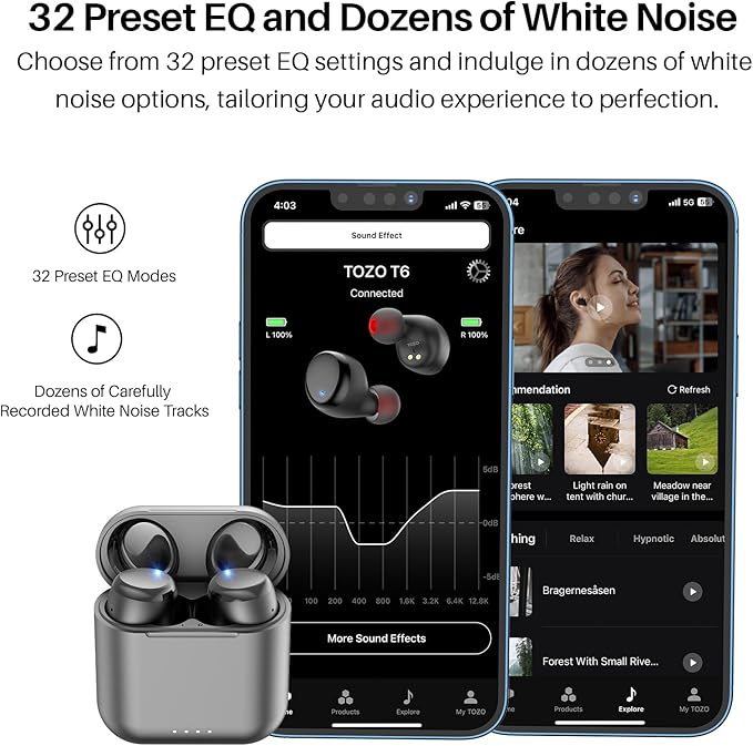 TOZO T6 Wireless Earbuds, Bluetooth 5.3 Ear Buds, Stereo Sound in Ear Headphones, 50 Hours Playtime, Wireless Charging Case, APP Customizable EQs, IPX8 Waterproof Earphones-StrideForce Fitness