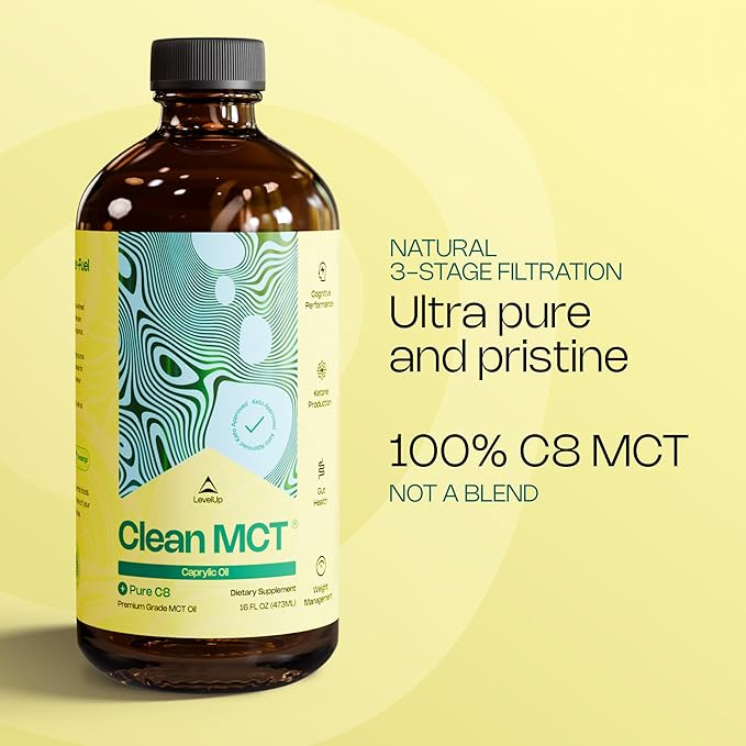 LevelUp Clean MCT Oil - 100% Caprylic C8 for Energy, Focus, Weight Management, Gut Health, Brain Superfuel - Keto Supplement for Ketogenic Coffee and Ketones - Non-GMO (16 oz Glass Bottle)-StrideForce Fitness