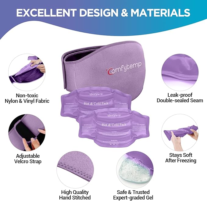 Comfytemp Ice Pack for Back Pain Relief, 2 Packs, Reusable Gel Lower Back Wrap Ice Brace for Sciatica Injuries, Hot Cold Compression for Lower Lumbar, Waist, Men Women Surgery Get Well Gifts (Purple)-StrideForce Fitness