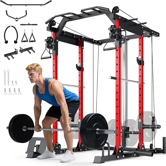YOLEO Smooth Dual Pulley System Power Cage, 1600LBS Adjustable Cable Crossover Power Rack, Multi-Functional Squat Rack for Home Gym with More Training Attachment-StrideForce Fitness