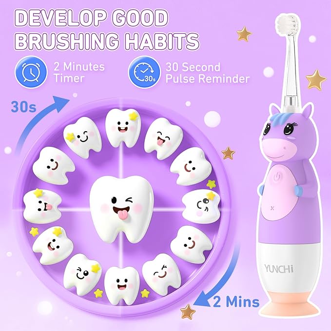 YUNCHI Toddler Electric Toothbrush Kids 0-3-6 Years, Baby Electric Toothbrush with Colorful LED Light, Battery Powered Toddler Toothbrush with 2 Minutes Timer 4 Brush Heads, Infant Toothbrush (Purple)