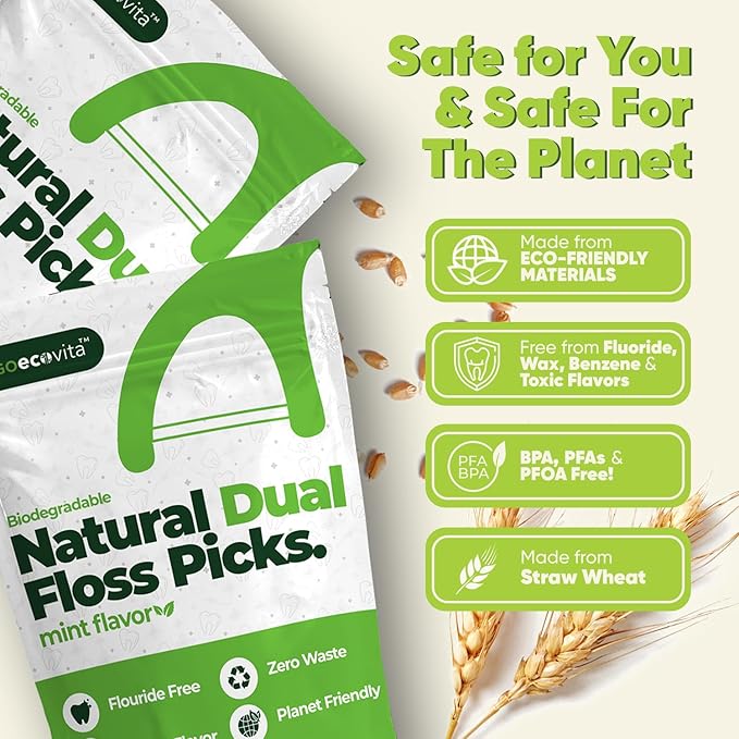 Biodegradable Dual Thread Floss Picks - Natural Straw Wheat Handle | Tight Gap Dental Flossers for Adults | Gentle on Gums & Teeth | Eco Friendly, Vegan, Natural (200 Pack, Mint)