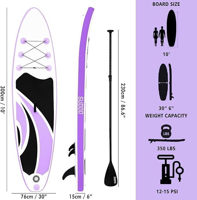 Inflatable Stand Up Paddle Board 10‘x30‘‘- Ultra-Light SUP with Backpack, Pump, Paddle, Coil Leash, 3 Fins, Repair Kit, Stable Design, Non-Slip EVA Deck for Adults & Youth-StrideForce Fitness