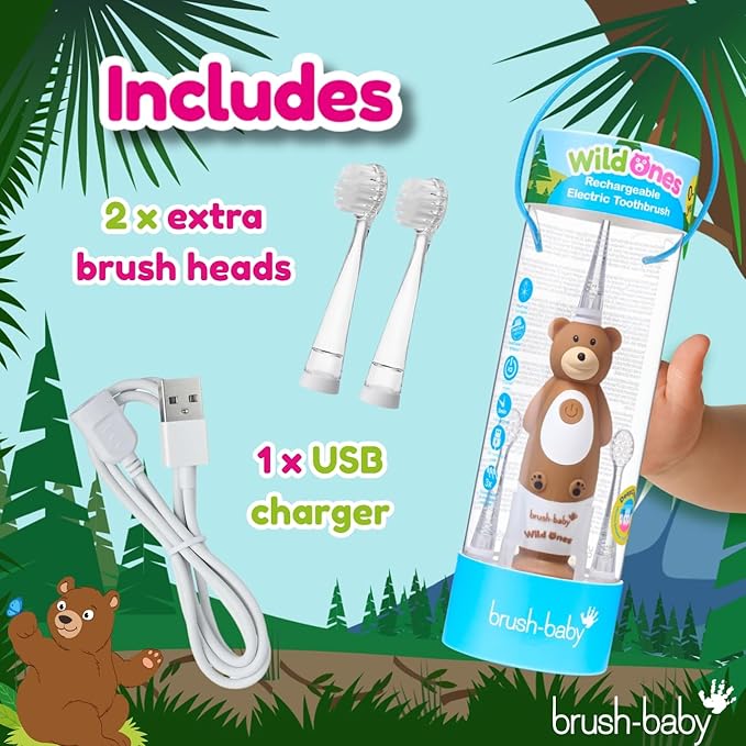 brush-baby - Kids Rechargeable Electric Toothbrush, 0-10 Years - WildOnes, Bear Design with Flashing Lights - DeepClean Bristles for Superior Clean - 2X Replacement Heads, 1x USB Cable