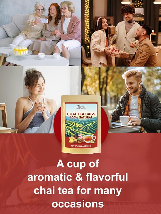 TeeLux Chai Black Tea, Black Tea with Cinnamon, Ginger, Clove & Star Anise, Mellow & Spicy Flavor, Natural, 100 Count