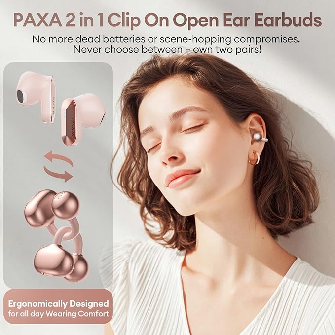 2 in 1 Clip on Open Ear Headphones Wireless Earbuds, 0 Delay Bluetooth 6.0, Ultra-long 140H Play, Auto L-R Recognition Touch Control, Hybrid Noise Reduction for Work Fitness Daily Use,Ctbuds Rose Gold-StrideForce Fitness