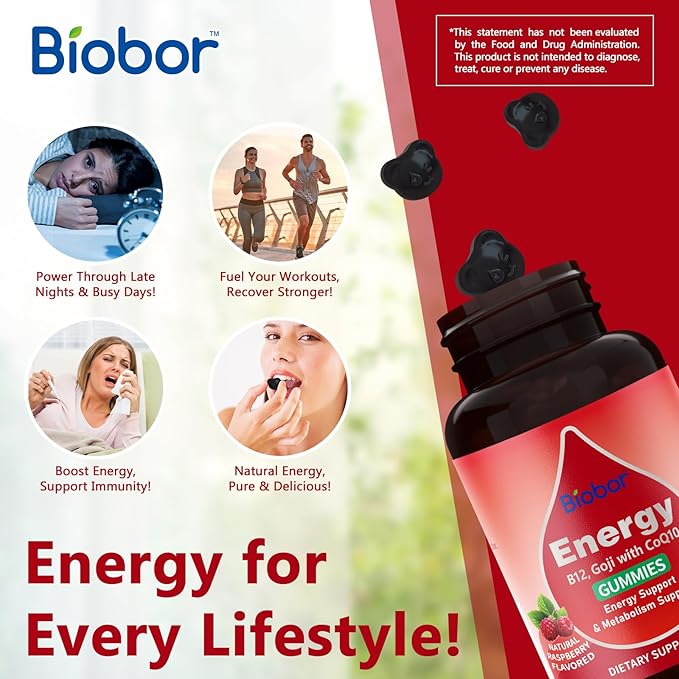 Natural Energy Gummies with Vitamin B12, Goji, CoQ10, Energy Support & Metabolism Support Chewable Supplement,GMO Free, Gluten Free(Raspberry, 120 Count)-StrideForce Fitness