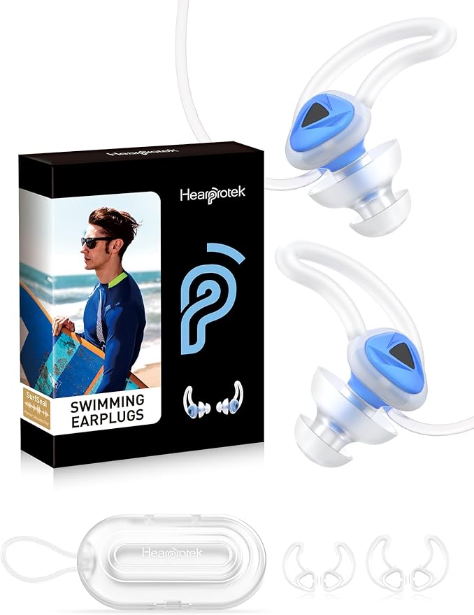 Hearprotek Swimmer Ear Plugs, 1 Pair Custom-fit Water Protection Adult Swimming Earplugs for Swimmers Surfer, Universal-fit with Lanyard, Perfect for Swimming,Surfing, Other Water Activities Blue-StrideForce Fitness