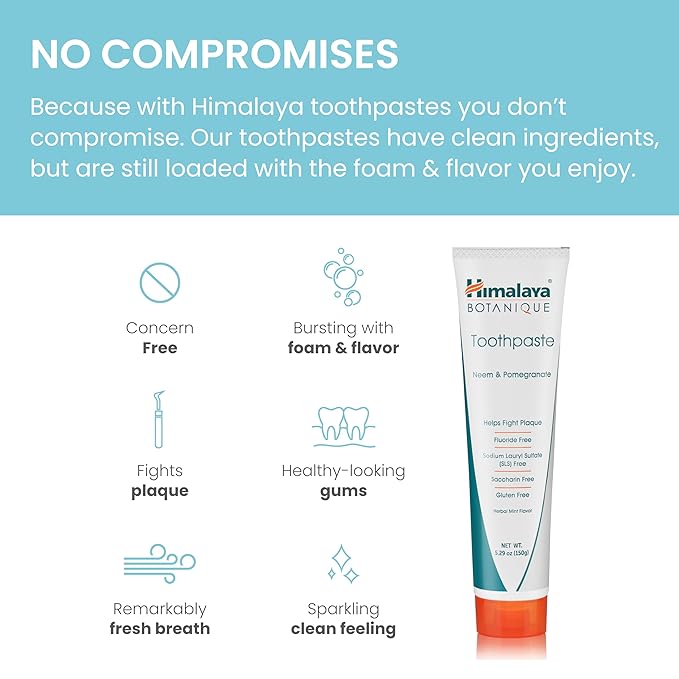 Himalaya Botanique Original Neem & Pomegranate Botanical Toothpaste, Fights Plaque, Brightens Teeth, Fluoride Free, No Artificial Flavors, SLS Free, Cruelty Free, Foaming, Mint Flavor, 5.29 Oz, 2 Pack