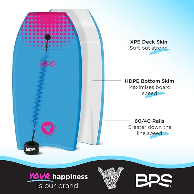 BPS New Zealand ‘Shaka’ Body Board for All Wave Conditions - Lightweight with EPS Core, HDPE Slick Bottom, Body Boards for Beach with Wrist Leash and Plug for Kids and Adults - All Skill Levels-StrideForce Fitness