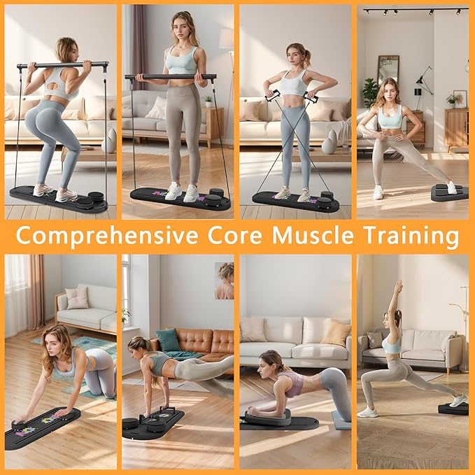 Pilates Reformer Board, 6 in 1 Portable & Foldable Pilates Reformer Set with Resistance Bands, Pilates Board for Home Workout, Multifunctional Abdominal Board-StrideForce Fitness