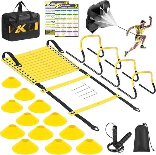 Soccer Training Equipment, Agility Speed Training Set with 20ft Speed Ladder, 12 Cones, 4 Adjustable Hurdles, Jump Rope, Parachute | Ideal for Basketball, Football Practise, for Kids, Youth, Adults-StrideForce Fitness